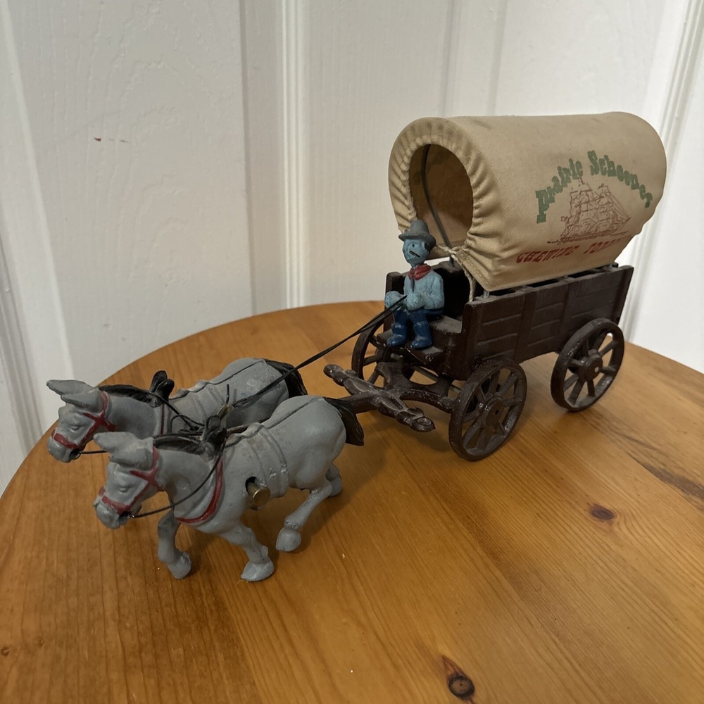Vtg Prairie Schooner Chewing Tobacco Cast Iron Donkey Team & Covered Wagon